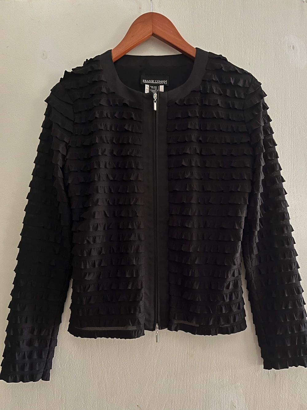 Frank Lyman Black Mess Layered Ruffle Zip Jacket Size 4